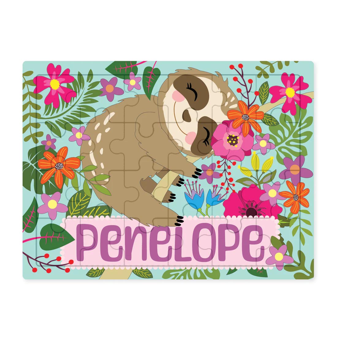 A colorful puzzle featuring a sleeping sloth surrounded by vibrant flowers and leaves, with the name \“Penelope\“ in purple letters at the bottom.