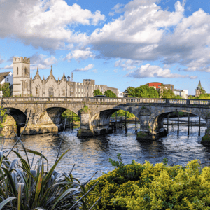 Stone arch bridge over a river with a church and buildings in the background, surrounded by greenery and yellow flowers under a partly cloudy sky.