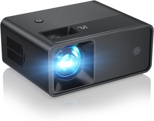 A portable black projector with a lens emitting light, featuring a power button on top and ventilation on the side.