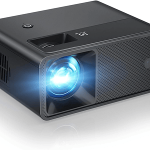 A portable black projector with a lens emitting light, featuring a power button on top and ventilation on the side.