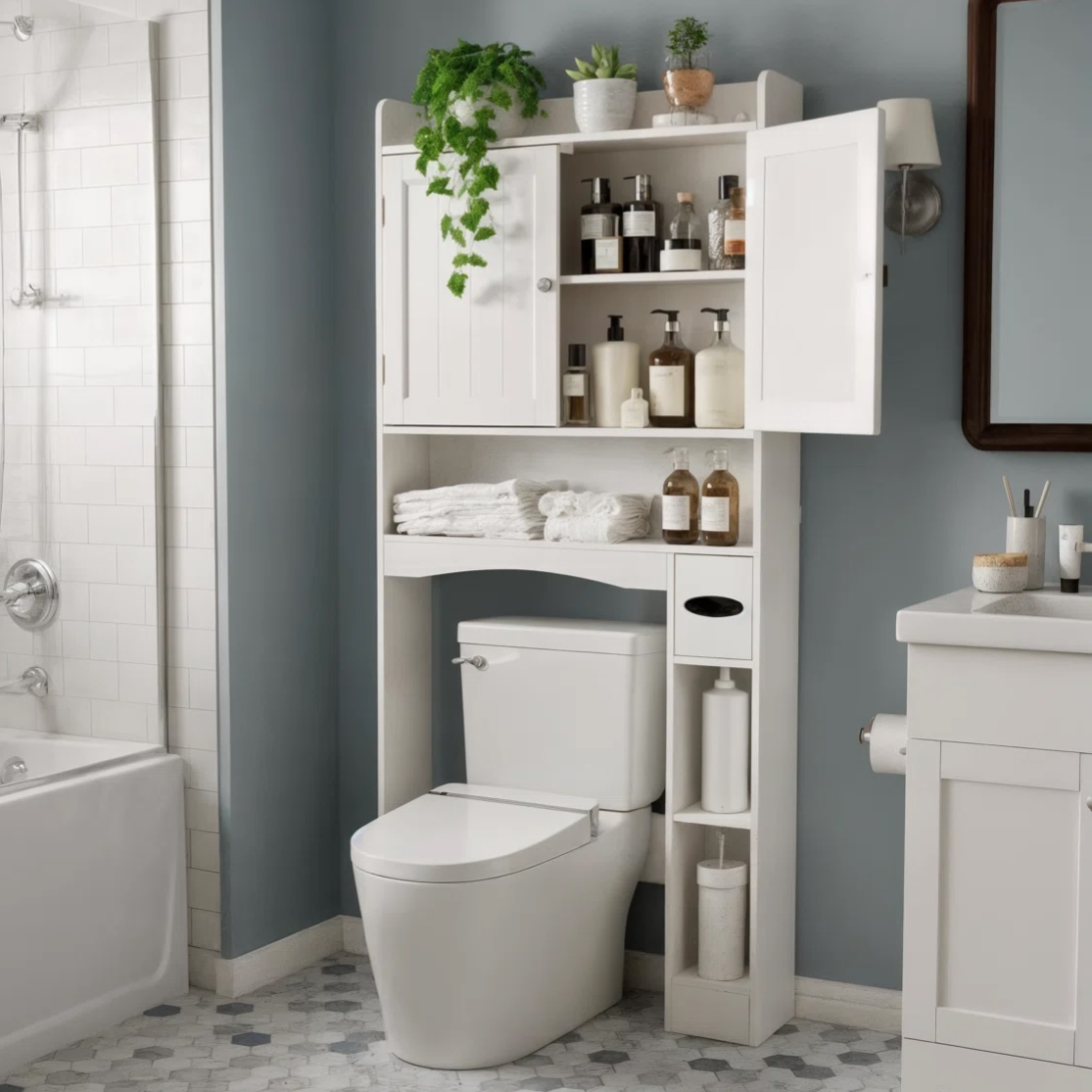 A bathroom features a white over-the-toilet storage unit holding towels, bottles, and plants. The space includes a toilet, bathtub with shower, hexagonal floor tiles, and a blue wall with a white vanity.