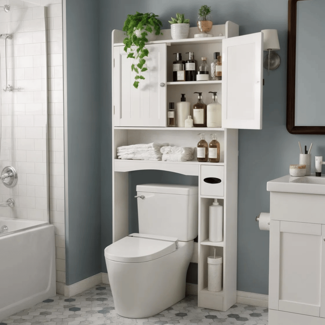 A bathroom features a white over-the-toilet storage unit holding towels, bottles, and plants. The space includes a toilet, bathtub with shower, hexagonal floor tiles, and a blue wall with a white vanity.