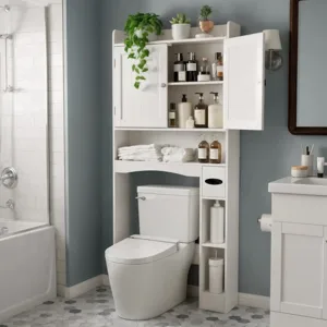 A bathroom features a white over-the-toilet storage unit holding towels, bottles, and plants. The space includes a toilet, bathtub with shower, hexagonal floor tiles, and a blue wall with a white vanity.