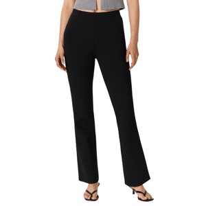 Black bootcut pants with a fitted waist, worn with strappy sandals and a gray sleeveless top. Tags indicate \“Best seller\“ and \“Back in stock.\“