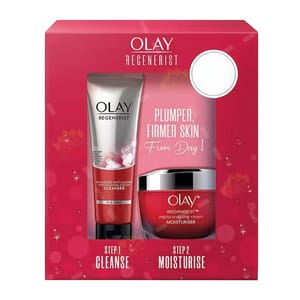The Olay Regenerist 2-piece anti-aging set includes an Advanced Anti-Aging Revitalizing Cream Cleanser and a Micro-Sculpting Cream Moisturizer, designed for cleaner and plumper skin.