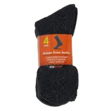 4 pairs of unisex crew socks in black, featuring cushioned footbed, stretch comfort, and arch support.