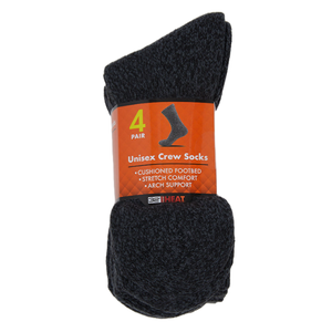 4 pairs of unisex crew socks in black, featuring cushioned footbed, stretch comfort, and arch support.