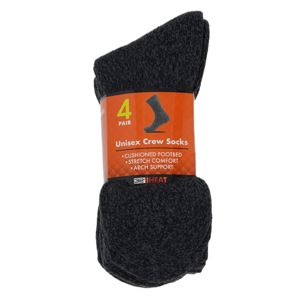 4 pairs of unisex crew socks in black, featuring cushioned footbed, stretch comfort, and arch support.