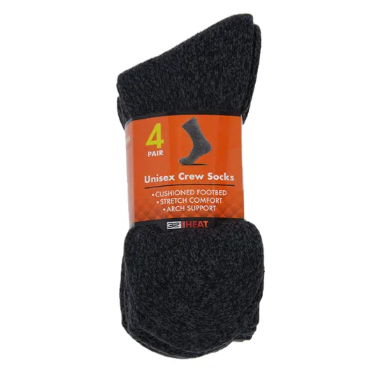 4 pairs of unisex crew socks in black, featuring cushioned footbed, stretch comfort, and arch support.
