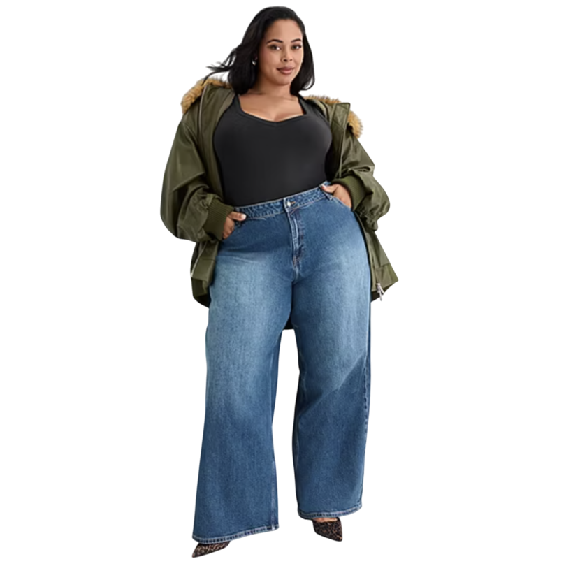 A person is wearing an olive green jacket with a fur-lined hood, a black top, and wide-leg blue jeans. They are paired with leopard print pointed-toe shoes.