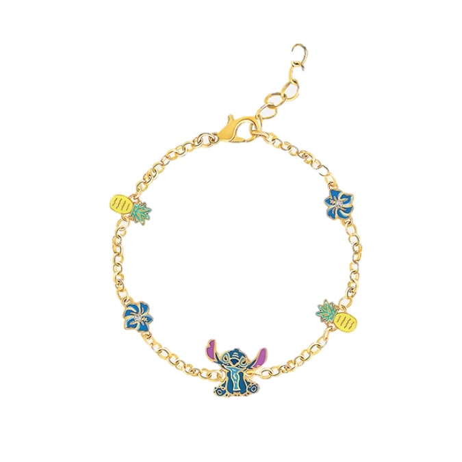 Gold chain bracelet featuring charms of a cartoon character, pineapples, and hibiscus flowers.