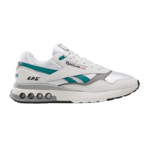 Reebok ERS World Shoes are low-top sneakers featuring a white, teal, and grey color scheme with visible ERS cushioning in the sole, and the Reebok logo on the side.