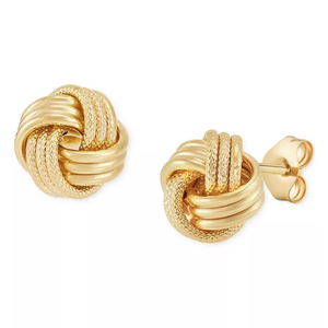 14K Gold Love Knot Stud Earrings feature intricately twisted designs with a mix of smooth and textured finishes, creating an elegant and timeless look.