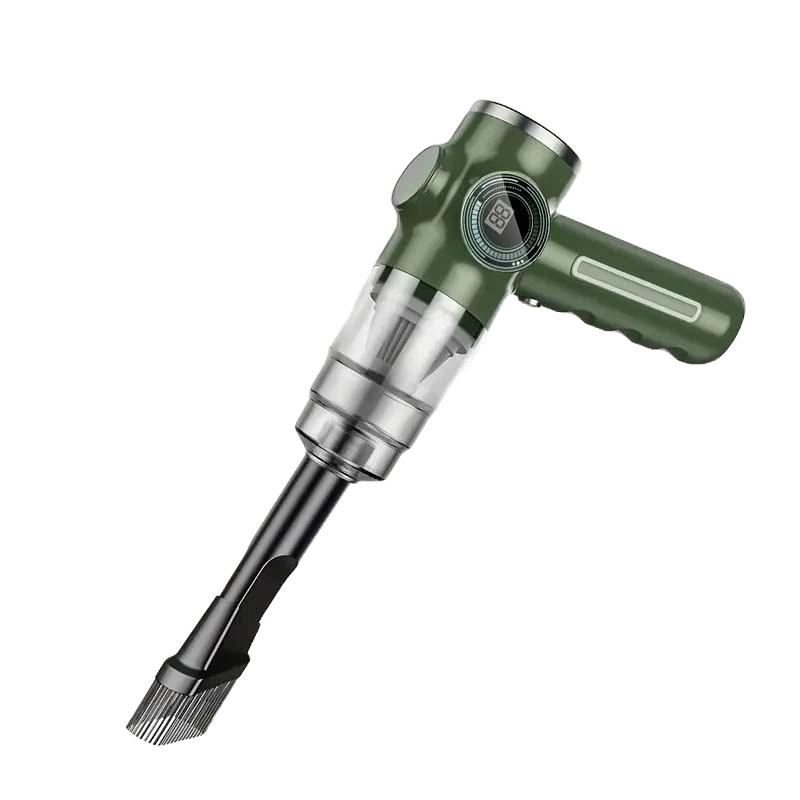 A cordless, handheld vacuum cleaner with a green and silver body, an elongated nozzle, and a prominent side handle.