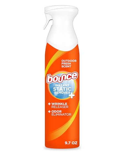 Bounce Instant Static Remover spray, 9.7 oz, with outdoor fresh scent, functions as a wrinkle releaser and odor eliminator.