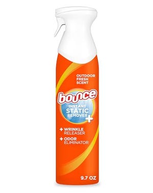 Bounce Instant Static Remover spray, 9.7 oz, with outdoor fresh scent, functions as a wrinkle releaser and odor eliminator.