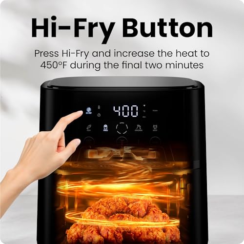 An air fryer is shown with a \“Hi-Fry\“ button, which increases the heat to 450°F during the final two minutes of cooking.