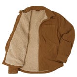Brown corduroy jacket with faux shearling lining, featuring buttoned cuffs and a chest pocket.