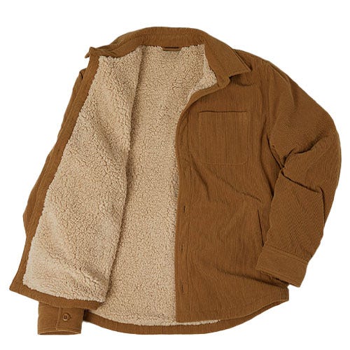 Brown corduroy jacket with faux shearling lining, featuring buttoned cuffs and a chest pocket.
