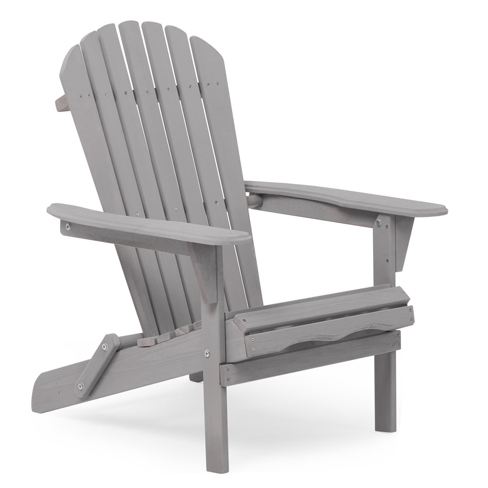 Gray cedar wood folding Adirondack chair featuring a slatted back, wide armrests, and a contoured seat for outdoor relaxation.
