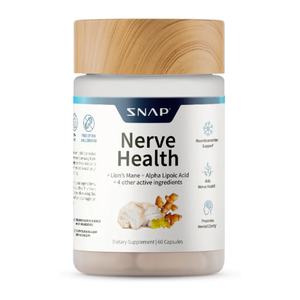 SNAP Nerve Health is a dietary supplement with Lion's Mane, Alpha Lipoic Acid, and other ingredients, supporting neurotransmitter function, nerve health, and mental clarity. Contains 60 capsules.