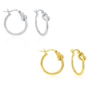 Two pairs of hoop earrings, one in silver and the other in gold, each featuring a knot design near the clasp.