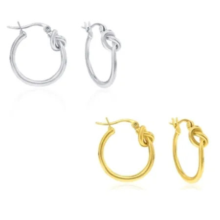 Two pairs of hoop earrings, one in silver and the other in gold, each featuring a knot design near the clasp.