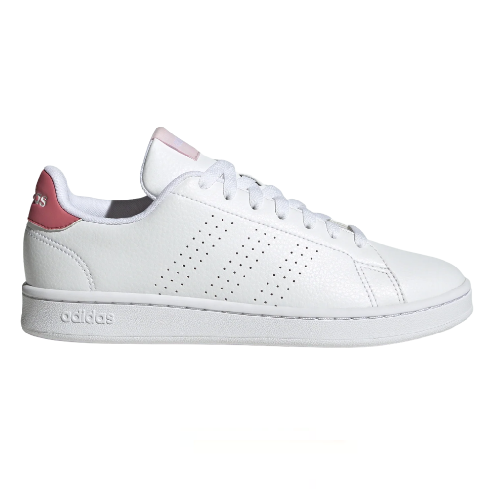 White Adidas sneaker with perforated stripes and pink detailing on the heel and tongue, featuring a lace-up design and branding on the sole.