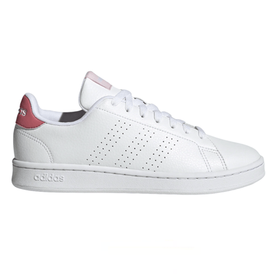 White Adidas sneaker with perforated stripes and pink detailing on the heel and tongue, featuring a lace-up design and branding on the sole.