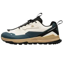 Hiking shoe with a white, blue, and tan color scheme, featuring a rugged sole and black lace-up closure.