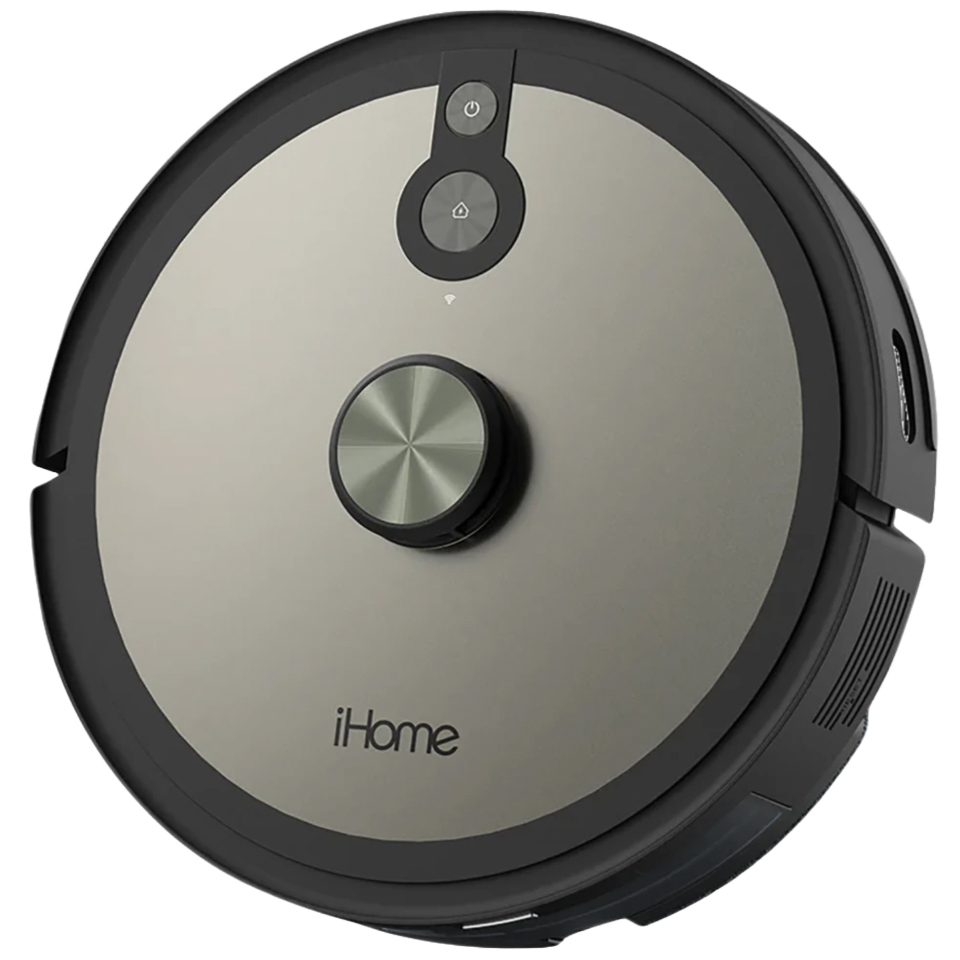 iHome Robot Vacuum & Mop features a sleek, circular design with a central control button and is branded with \“iHome.\“ It combines vacuuming and mopping capabilities for home cleaning.