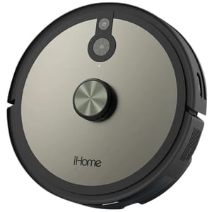 iHome Robot Vacuum & Mop features a sleek, circular design with a central control button and is branded with \“iHome.\“ It combines vacuuming and mopping capabilities for home cleaning.
