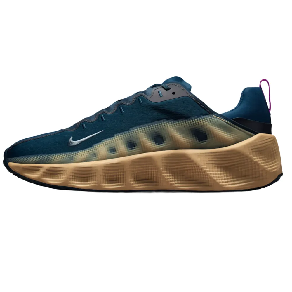 A blue Nike sneaker featuring a unique, wavy light-brown sole and a small Nike logo on the side with a purple pull tab at the heel.