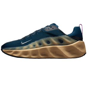 A blue Nike sneaker featuring a unique, wavy light-brown sole and a small Nike logo on the side with a purple pull tab at the heel.