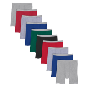 Assorted men's boxer briefs in various solid colors, including gray, red, blue, green, black, and heather gray.