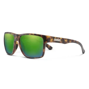 Tortoiseshell sunglasses with green mirrored lenses, featuring a rectangular frame and a small logo on the temple.