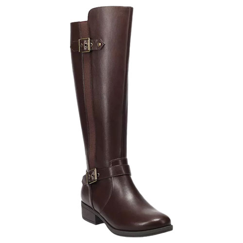A tall, brown leather riding boot with buckles at the ankle and calf, featuring a low heel suitable for casual or equestrian wear.