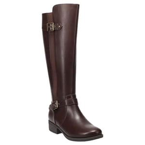 A tall, brown leather riding boot with buckles at the ankle and calf, featuring a low heel suitable for casual or equestrian wear.
