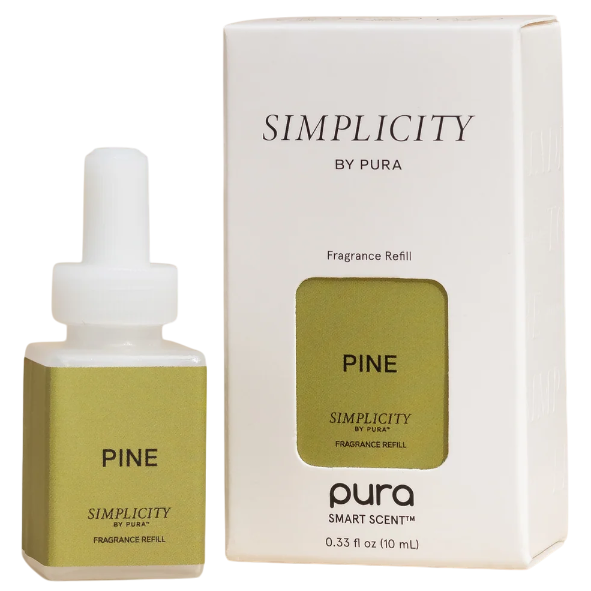 Simplicity by Pura fragrance refill, featuring a pine scent, displayed in a white box with a 0.33 fl oz (10 mL) bottle.