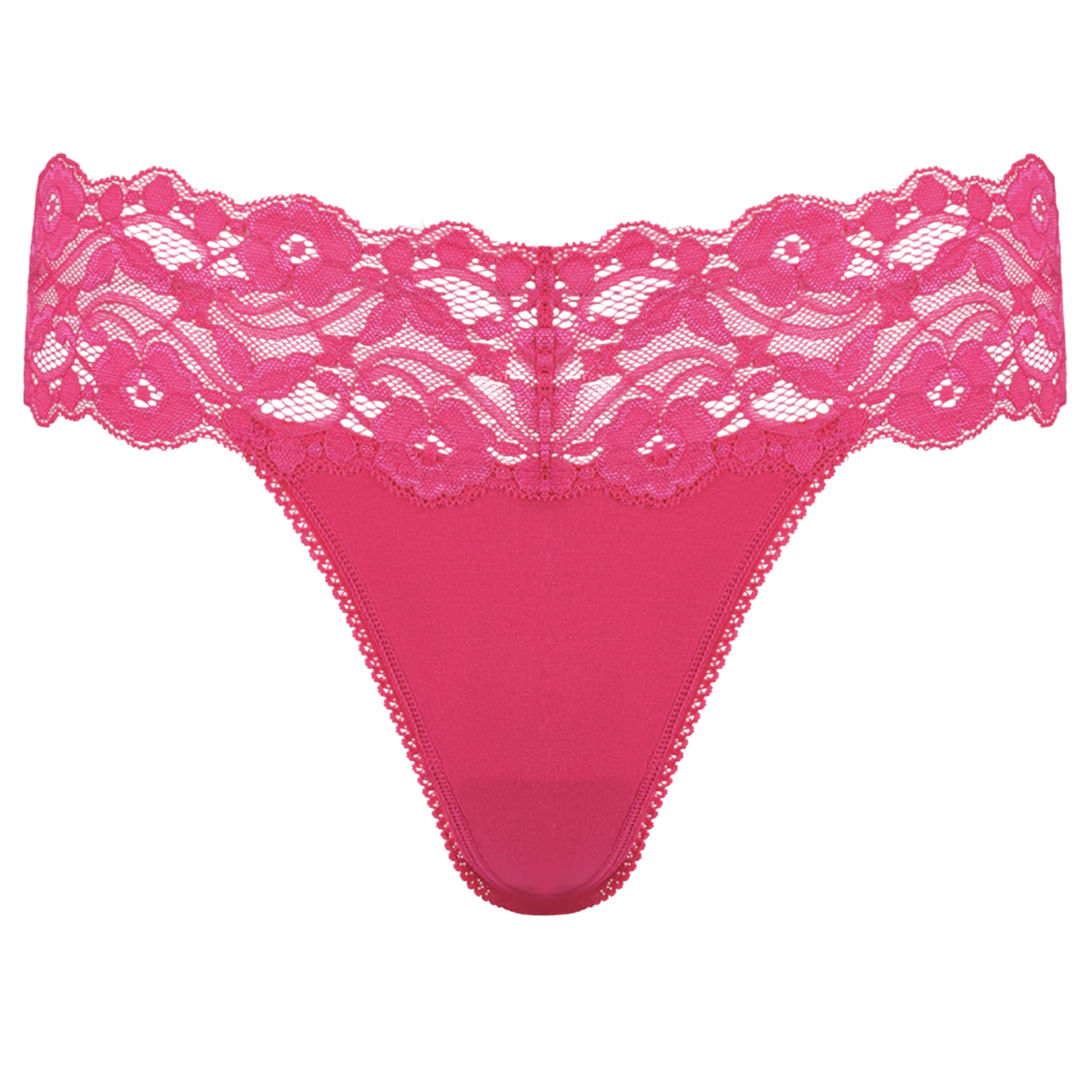 A pink lace thong featuring a floral pattern with a wide lace waistband.