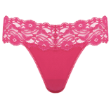 A pink lace thong featuring a floral pattern with a wide lace waistband.