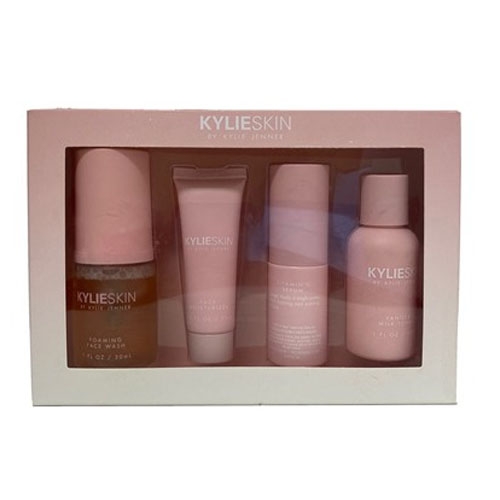A Kylie Skin set including a foaming face wash, face moisturizer, and vitamin C serum.