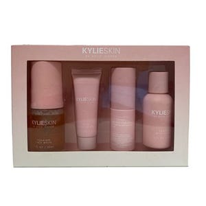 A Kylie Skin set including a foaming face wash, face moisturizer, and vitamin C serum.