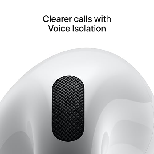 The photo shows a close-up view of a white Apple AirPod featuring a mesh microphone inlet for voice isolation functionality.