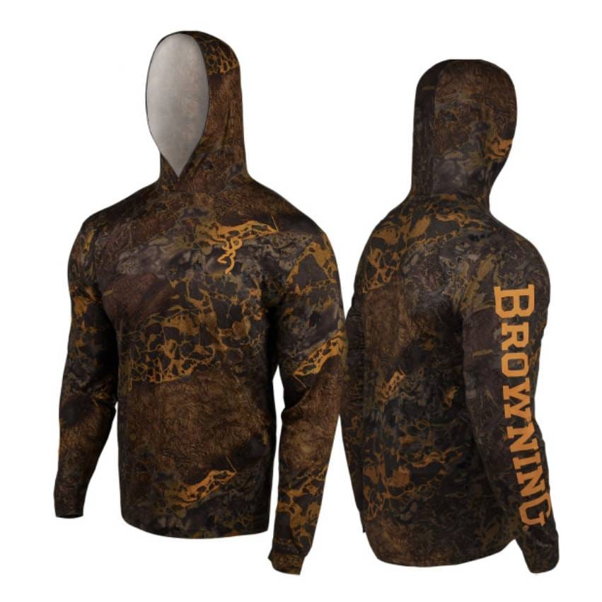 A camouflage hunting hoodie with a hood and the brand name written on the sleeve, displayed from front and back views.