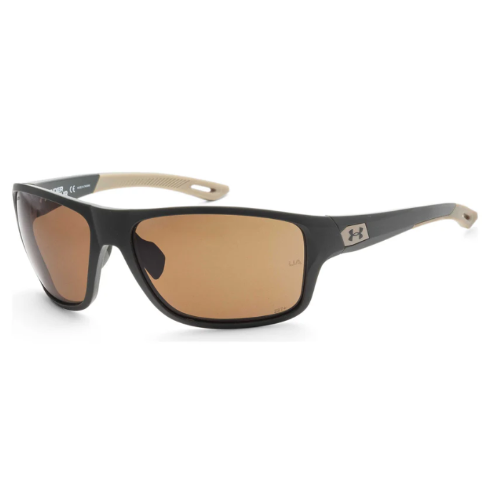 Under Armour sunglasses with a black frame and brown lenses, featuring the UA logo on the temple. The temple tips are beige for added contrast.