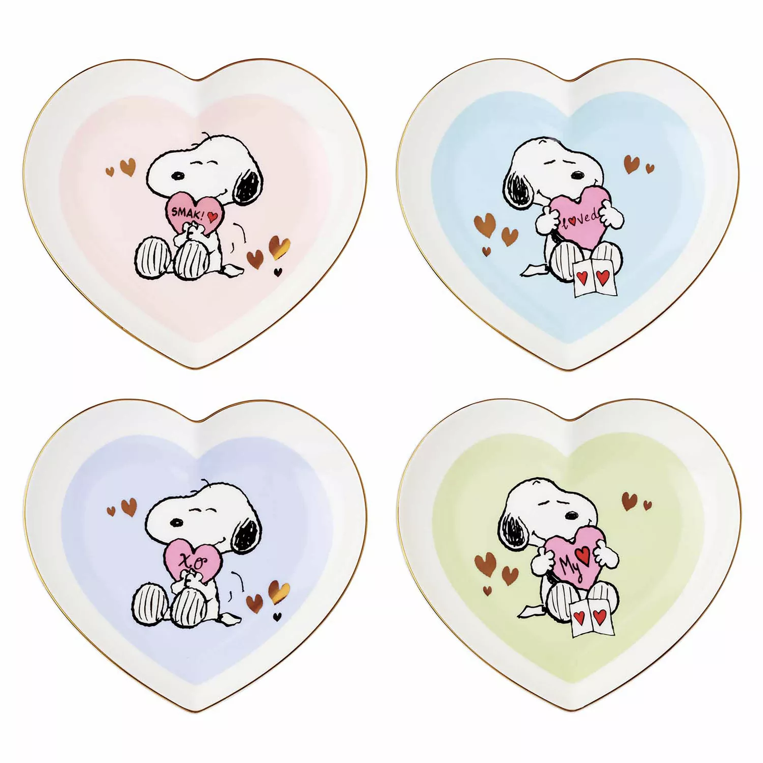 Set of four heart-shaped plates featuring a cartoon dog holding hearts, each with a different pastel color background: pink, blue, lavender, and green.