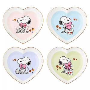 Set of four heart-shaped plates featuring a cartoon dog holding hearts, each with a different pastel color background: pink, blue, lavender, and green.