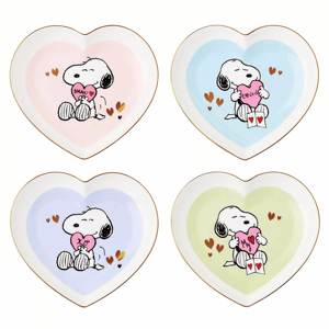 Set of four heart-shaped plates featuring a cartoon dog holding hearts, each with a different pastel color background: pink, blue, lavender, and green.