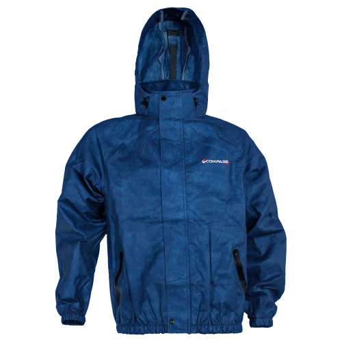Blue hooded jacket with elastic cuffs, zipper closure, and a Compass logo on the left chest.